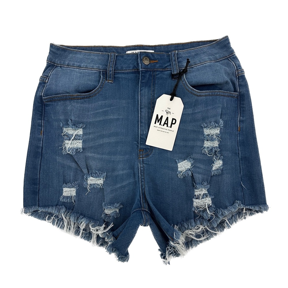 NEW‎ The MAP Distressed Raw Hem Women's size XL Blue Denim Jean Shorts